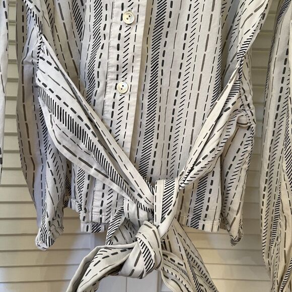 Eley Kishimoto White Black Geometric Blouse Tie Waist Cotton, Size 12 - Picture 7 of 10
